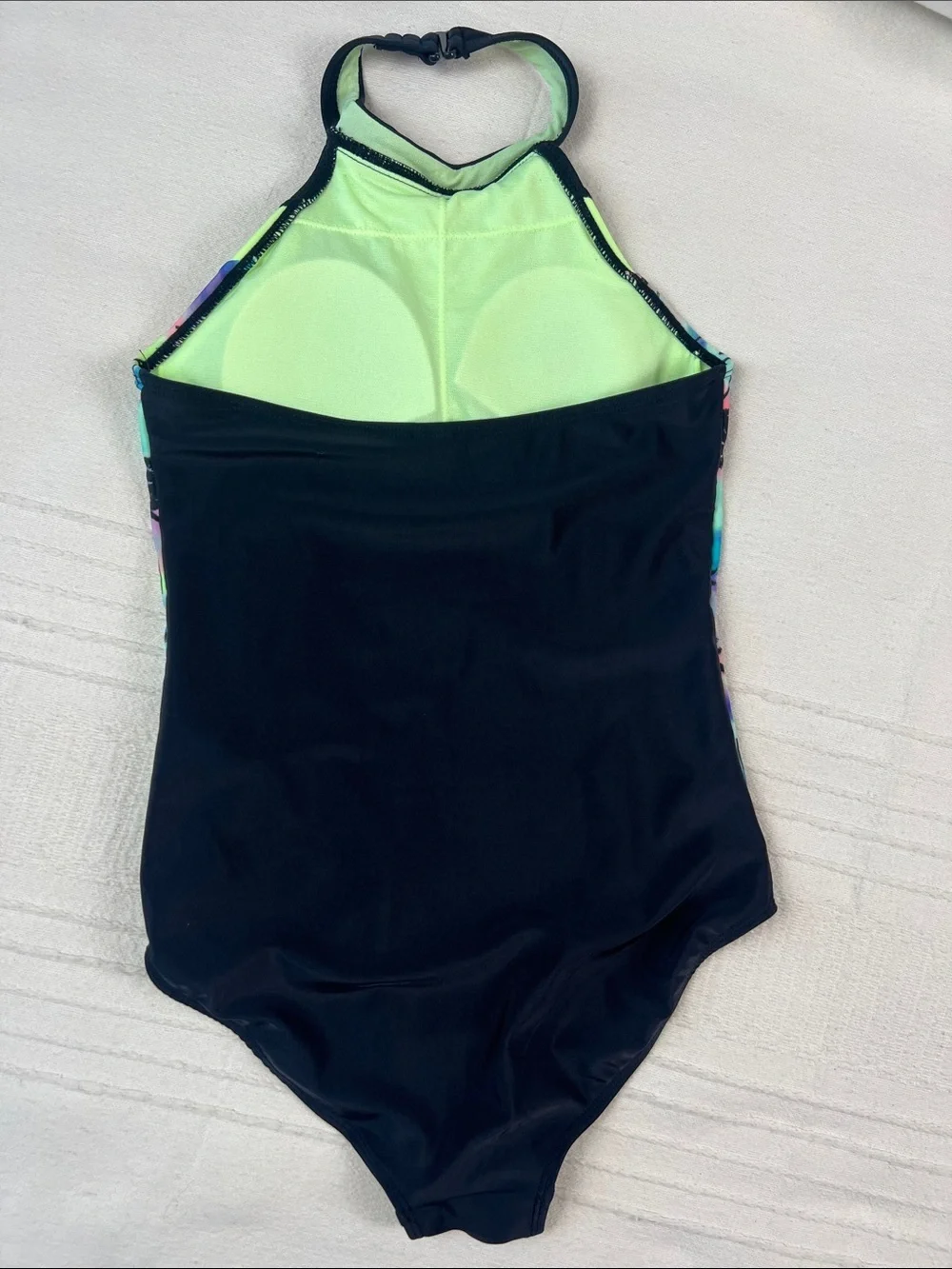 Justice Girls' Black & Lime Green One-Piece with Pastel Palm Print